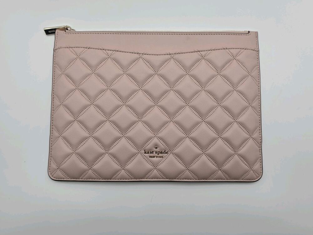 Kate Spade Natalia Large Zip Pouch Rose Smoke Pink Quilted Leather Clutch